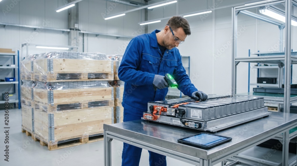 Technician performs final inspection of finished battery pack before ...