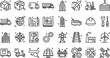 © vector design  - Logistics delivery transport industrial manufacturing and engineering outline icon set featuring cargo truck factory wind turbine infrastructure technology