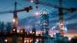 © Denis Yevtekhov - Construction project digital twin concept showing two large cranes framing a glowing holographic skyscraper rendering against a twilight sky, data charts and technical overlays integrated