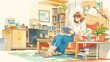 © 963k - 部屋でのんびり過ごす休日の女性をテーマにしたライフスタイルイラスト。おうち時間、リラックス、くつろぎ、一人暮らし、日常生活、休憩、癒やし、穏やか、心地よい時間、室内、インテリア、女性、人物、暮らし、生活、余暇、安らぎ、やさしい空気感を表現した親しみやすいイラスト素材。読書やティータイム、音楽鑑賞などの穏やかな休日の場面に似合い、広告、ブログ、SNS、挿絵、表紙にも使いやすい万能素材です。商用向け。