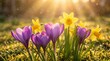 © Alex Volkov - Purple crocuses and yellow daffodils blooming on grass under golden morning sun rays