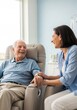 © Katsyarina - Woman nurse holding hand of elderly man smiling during medical treatment. Healthcare professional supporting senior patient in clinic. Compassionate care and recovery assistance concept.