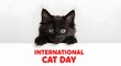 © MSTHIRAMONY - Cute fluffy black kitten peeking over a white edge with international cat day text isolated on white background