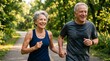 © Iuliia - Happy senior man and senior woman jogging together on park path. Active retired couple running outdoor holding hands. Healthy lifestyle, fitness workout and togetherness concept.