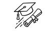 © Ahtasham - Graduation cap mortarboard and rolled diploma flying in the air vector icon illustration. Minimalist line art for commencement ceremony, university degree achievement, and academic success.