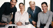 © peopleimages.com - Happy, teamwork and portrait of business people in office with confidence for legal career. Smile, collaboration and lawyers with manager for professional pride in job opportunity in workplace.
