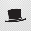 © VectorBloomX - Black top hat vector icon with classic formal shape, curved brim and white band on transparent background, ideal for party themes, magician graphics, costume designs and elegant event visuals.
