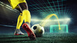 © master1305 - Close up soccer cleat and ball with digital shot path over stadium field. Concept of football gear ads, cleat promo, shot power, training software and sports technology.