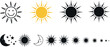 © MdLiton - Celestial Sun and Moon Vector Icon Set Featuring Black Silhouettes Yellow Sunshine Graphics Cute Smiling Faces and Stars for Weather and Astrology Designs