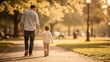 © ArkaGPT - Rear view of father and young son walking in a park at sunset