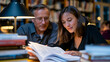 © Maksym - Consciousness philosopher and cognitive scientist collaborating over annotated academic papers at university library table stacked with neurophilosophy texts, solitary lamp illuminating marginalia a