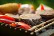 © 9parusnikov - Close Up of Plant Based Meatless Burger on Outdoor Grill