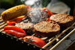 © 9parusnikov - Vegan Burgers and Red Peppers Grilling in Bright Sunlight