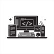© Al Creator Hub - Computer coding setup, with monitor, keyboard, mouse, and coding symbols