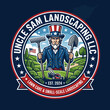 © ssstyawn - Uncle Sam Landscaping LLC logo with patriotic theme and gardening tools.