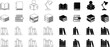 © Mon Amour - Book and library icons set, Collection of open book and closed hardcover with stacked reading materials, library bookshelf rows and desk lamps in outline and solid black silhouette styles.