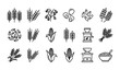 © Keyapayal - Agriculture and cereal grains vector icon set. Black line icons of wheat, corn, rice, barley, flour sack, grain mill, and porridge bowl. Isolated on white background.
