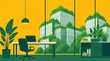 © ses - A modern green urban workspace featuring sustainable architecture and eco friendly office design with flat art style for professional environments and sustainable business concepts in 4k resolution.