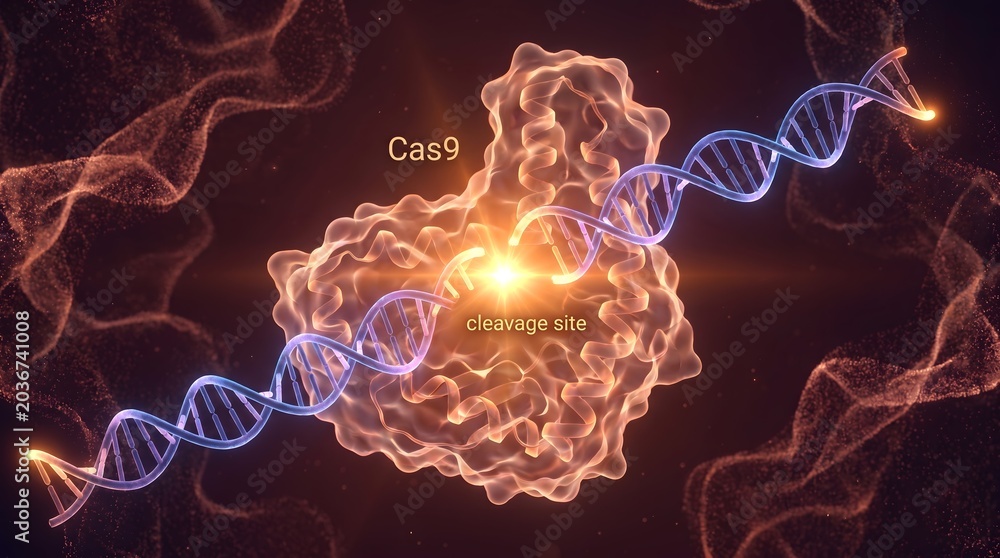 Cas9 protein enzyme with DNA helix strand showing cleavage site gene ...