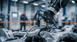 © Stocker Z I - Close-up robotic arm assembly part on complex mechanical structure in modern manufacturing industrial facility.