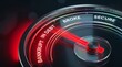 © zahidyounas - Financial debt speedometer with red needle pointing to bankrupt, economic crisis gauge showing broke and secure levels, bankruptcy risk illustration