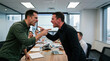 © kodidesign - Two businessmen arguing and shouting in a conference room. Angry male colleagues pointing fingers during a heated meeting. Workplace conflict and corporate tension concept