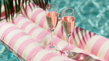 Two glasses of rosé wine on striped float in swimming pool  