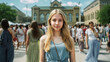 © wetzkaz - young blonde woman smiling and standing in front of a grand historical building while a large crowd of people gathers in the sunny outdoor city square