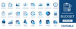 © Smart Icon Lab - Business budget planning icon set. Featuring financial cost estimate, revenue forecast chart, expense tracking, corporate money management, and tax saving symbols.