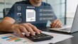 © Noah - Professional calculating finances with calculator and laptop, featuring invoice processing and payment received status for business accounting.