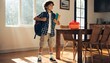 © ROSIANA - Young Boy Ready for School Day with Backpack and Lunchbox in Bright Home.