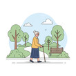 © Hap - Senior woman with grey hair and glasses walking with a cane in a public park with green trees, a park bench, and a winding path, vector illustration of elderly active lifestyle.