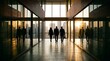 © AamirSohail - Silhouettes of business people walking in a modern office corridor towards a city skyline at sunset