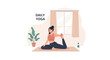 © Bisma - Flat vector illustration of a young woman practicing One-Legged King Pigeon Pose on a mat in a home interior with a potted plant, window, curtains, and Daily Yoga text overlay.