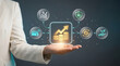 © jantavong - Business professional presenting holographic financial growth with investment coins for fintech digital banking secure payment cash flow management and sustainable finance platform and ESG