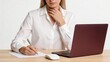 © Oliver - Business woman writing notes at desk with laptop feeling stress or throat pain, holding hand to neck while working on paperwork in white shirt, depicting health issues or
