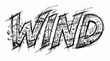 © Gob - Hand drawn sketch of the word WIND featuring wind turbines and blowing leaves in a rough artistic style on a white background