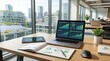 © Haruto - Sustainability report and laptop displaying green investment charts on desk with solar panels visible through office window