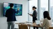 © Haruto - Business team analyzing sustainable investment data and ESG fund performance charts on digital screen in modern office meeting room