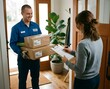 © ye - Delivery Worker Handing Packages to Customer Signing Clipboard at Home Entrance