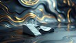 © antishock - Abstract steps rise toward arrows. Fluid shapes form background. Dark tones dominate with gold accents. Minimalist design suggests progress.