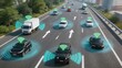 © Minho - Futuristic autonomous vehicles driving on smart highway with connected car technology, self-driving cars communicating via wireless networks for safe traffic flow and intelligent
