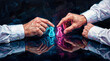 © Isolated - Strategy and competition concept with two hands moving glowing chess pawns on reflective surface