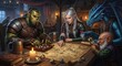 © Latsamee - A group of mystical beings including an orc and an elf gather around a wooden table to roll dice and study a large map in a dim tavern room, warrior, figurine, atmospheric
