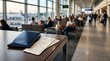 © Bane - Passport and boarding pass on airport table in terminal lounge area