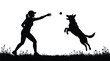 © Eman - Black vector illustration of a young woman playing fetch with her jumping dog outdoors today