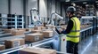 © Wei - Industrial worker controlling automated robotic arms in modern warehouse, logistics and supply chain management, smart factory automation, packaging conveyor belt system, future