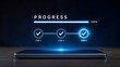 © emwe studio - Digital progress bar showing one hundred percent completion with three checked steps floating above a tablet device representing successful project management