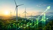 © emwe studio - Eco friendly business finance concept showing ascending green energy stock chart over wind turbine landscape at sunset