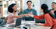 © peopleimages.com - Handshake, winning and business woman in celebration, meeting or teamwork together at office. Shaking hands, applause and success for team goals, achievement or company promotion at workplace
